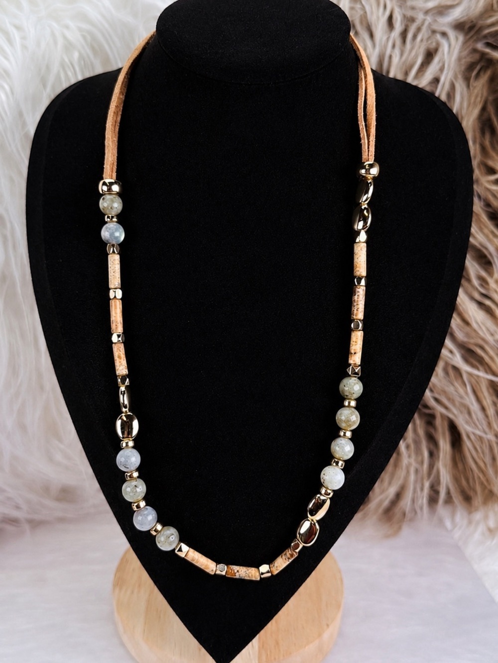 Bohemian festival chic gemstone, goldtone, faux leather double strap, necklace